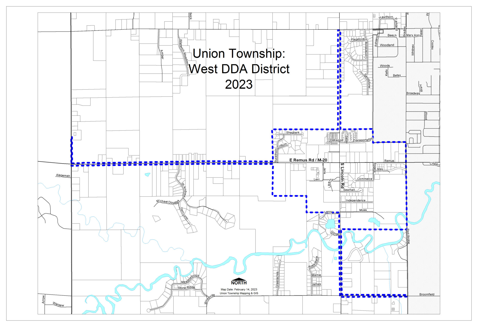 dda districts west parcels 20230214 Map of Union Township West DDA District 2023