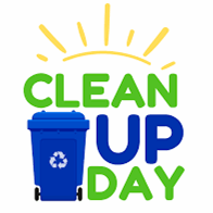 Clean Up Day with recycling bin and sunburst