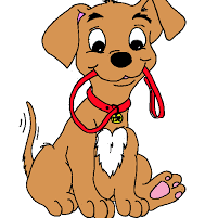 Cartoon dog holding a red leash in mouth.